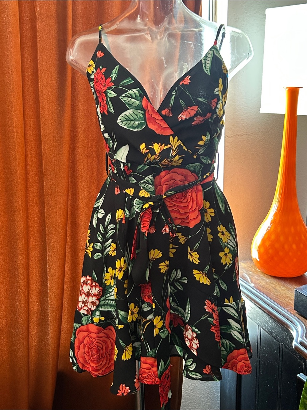 Floral Black Mini Dress with Red & Yellow Blooms